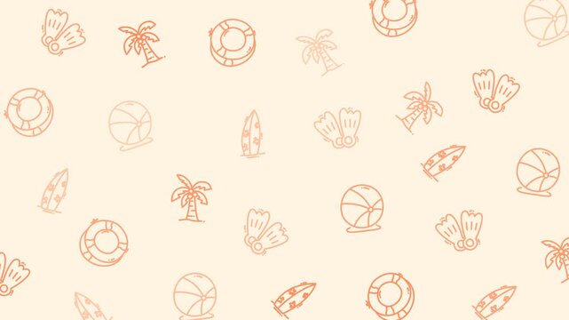 Tropical Beach Vacation Seamless Pattern Background. palm trees, surfboards, swimming fins, lifebuoys, and beach balls doodles in soft orange tones on a light beige background.