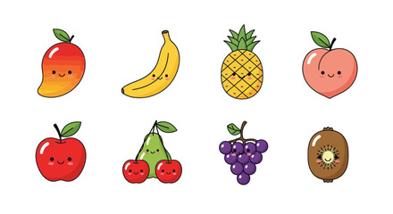 Cartoon fruits collection with happy faces isolated on white background