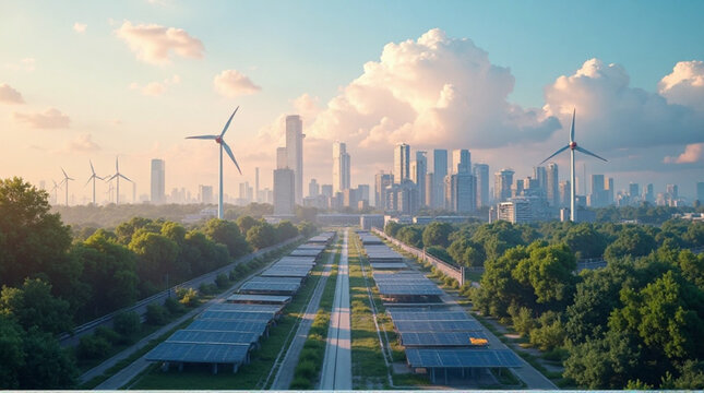 Stunning cityscape blends modern skyscrapers with abundant solar panels and wind turbines, showcasing a sustainable urban future bathed in golden hour light.