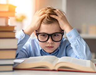 Young boy in glasses feeling stressed and overwhelmed by homework, holding his head in frustration with books piled around him. Academic pressure concept.