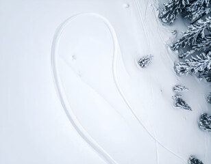 Aerial view of a snowy winter landscape with fresh ski tracks curving through pristine powder next to snow-covered evergreen trees. Perfect for winter sports.