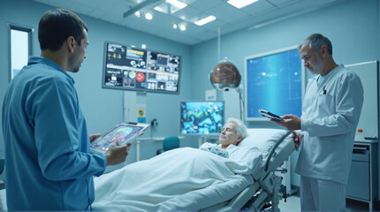 Doctors consult patient data on tablets in futuristic medical bay with advanced screens displaying vital signs and diagnostics