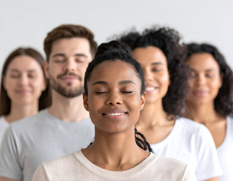 Diverse group of serene people with eyes closed, smiling peacefully, embodying mindfulness, meditation, and well-being in a tranquil setting.