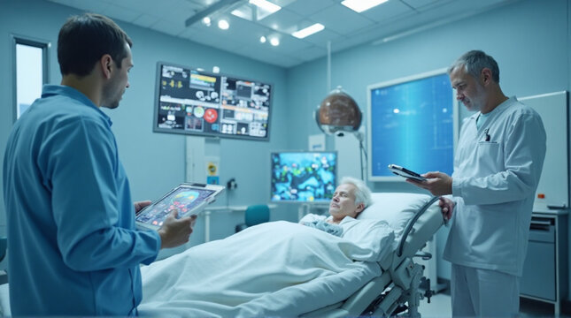 Doctors consult patient data on tablets in futuristic medical bay with advanced screens displaying vital signs and diagnostics - Powered by Adobe