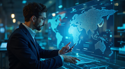Visionary professional analyzes global data streams on futuristic holographic display, engaging with technology for strategic business insights.
