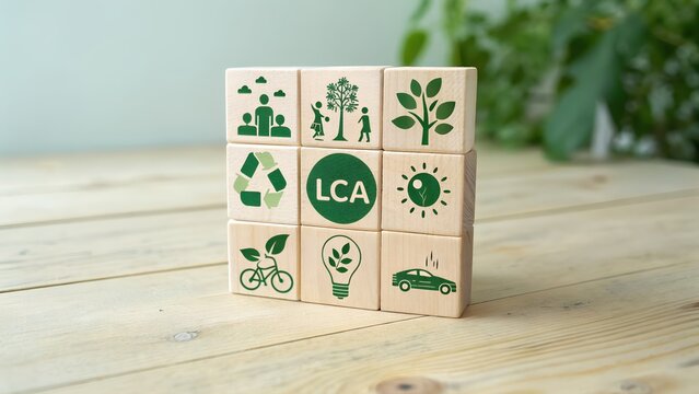 Wooden blocks arranged in grid formation displaying green ecology icons including clouds tree people leaves recycling LCA sun bicycle lightbulb car on wooden desk with blurred green plant background - Powered by Adobe