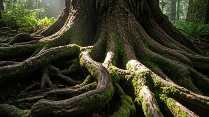 A giant trees moss-covered roots spread across a lush forest floor with sunlight filtering through the dense canopy onto ferns and surrounding greenery in a vibrant woodland scene - Powered by Adobe