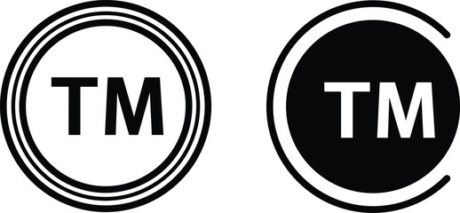 Trademark symbol vector set, TM badge icons, circular TM marks, black and white trademark logos, concentric ring emblem, partial arc seal, branding legal mark