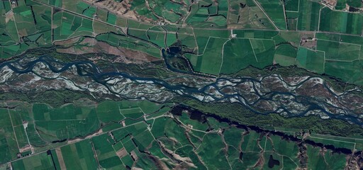 New Zealand Satellite Image, Aerial View, High Resolution, of Braided River Flowing Through Green Farmland