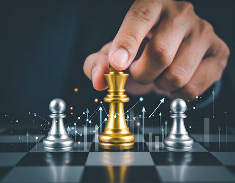 Hand moves golden king chess piece on chessboard with holographic business graphs & arrows. Symbolizes strategy, leadership, finance, and growth.