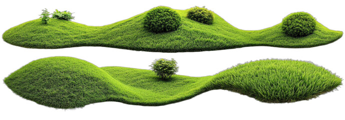 Green grassy hills and mounds with small bushes for natural landscape design