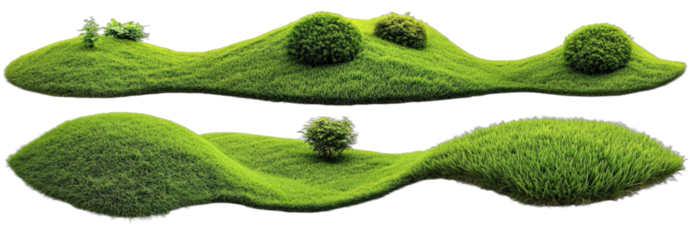 Green grassy hills and mounds with small bushes for natural landscape design