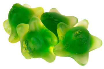 Pile of Green Starfish Jelly Gummy Candies Isolated on White Background