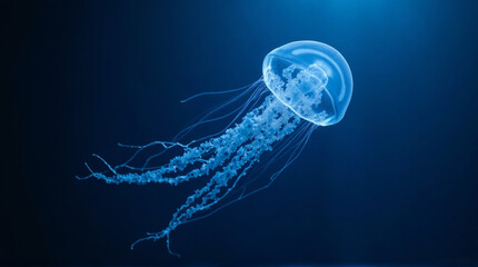 Graceful transparent jellyfish drifts serenely through deep blue ocean depths, its delicate tentacles trailing ethereally in the water.