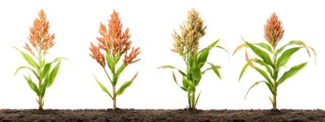 Four sorghum plants showing different stages of maturity isolated on transparent background