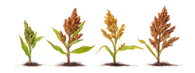 Four sorghum plants with ripe grain isolated on transparent background