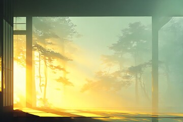 光, 朝, 森, 静けさ, 木漏れ日, 窓, 空間, 霧