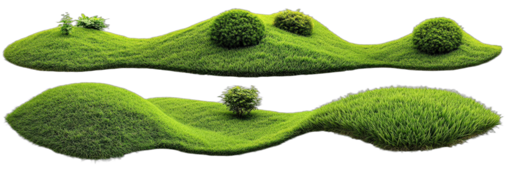 Green grassy hills and mounds with small bushes for natural landscape design