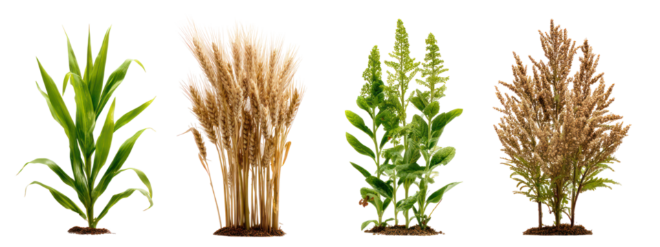 Four different types of grain stalks isolated on transparent background