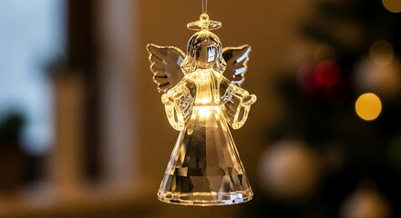 Fototapeta premium Elegant Glass Angel Ornament Hanging with Festive Christmas Tree Background.