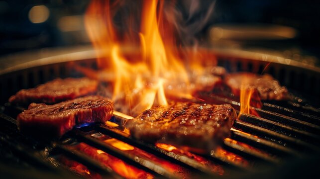 Fiery Grill Masterpiece: Mouthwatering cuts of meat sizzling over a roaring grill, flames dancing around them, creating a tantalizing culinary scene.