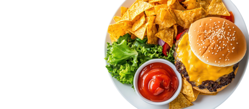 Delicious cheeseburger with nachos and ketchup isolated on transparent background