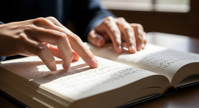 Close-up of a person reading a book written in Braille with their fingers.