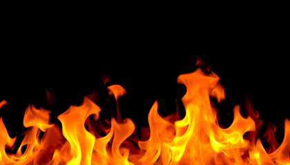 Fototapeta premium Fire flames on black background. Fire burn flame isolated, abstract texture. Flaming effect with burning fire, grunge. White tone