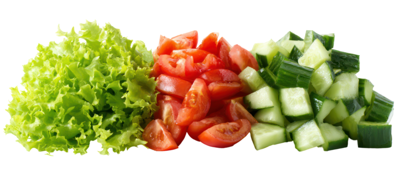 Freshly chopped lettuce tomato and cucumber isolated on transparent background