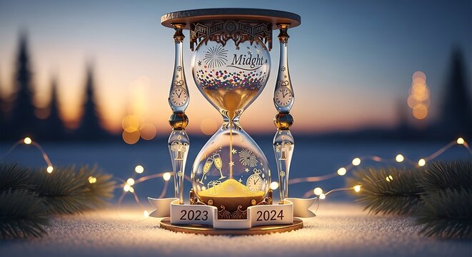Hourglass with 2023 and 2024 numbers, symbolizing the transition of the New Year, surrounded by festive lights.