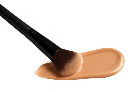 Makeup brush applying liquid foundation sample, cosmetic smudge swatch, beauty product stroke, transparent background
