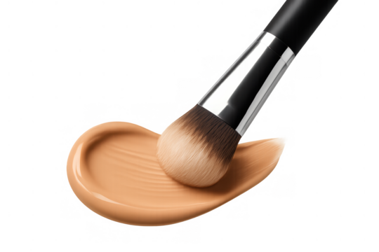 Makeup brush applying liquid foundation cream cosmetic swatching beauty product tone on transparent background