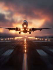  Soaring Ascent at Sunset: An aircraft elegantly lifts off into the colorful sky, its lights piercing the gathering dusk, creating a breathtaking moment of travel and aviation.
