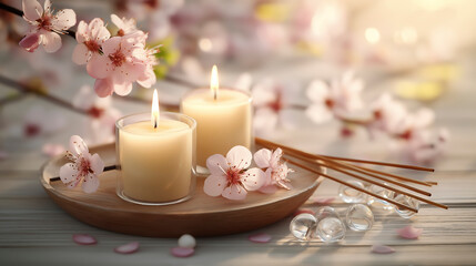 Tranquil Spa Scene with Warm Candles and Delicate Cherry Blossoms
