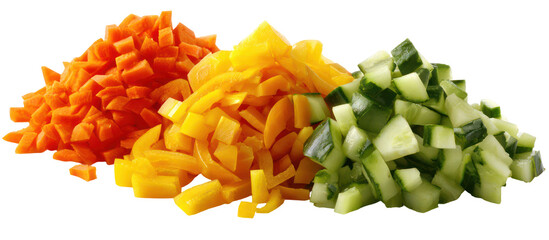 Three piles of chopped fresh vegetables isolated on transparent background