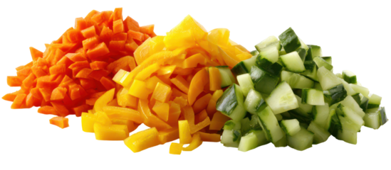 Three piles of chopped fresh vegetables isolated on transparent background