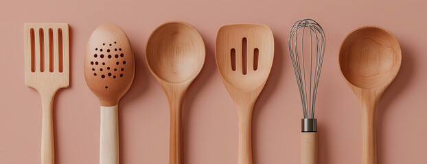 Assortment of Natural Wooden Kitchen Utensils on a Warm Background