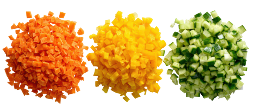 Three piles of finely chopped vegetables including carrots yellow bell pepper and cucumber isolated on transparent background