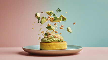 Vibrant Arepa with Floating Avocado, Beans, and Garnish on Plate