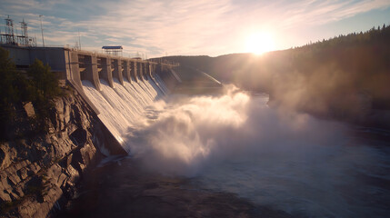 Hydroelectric dam at sunset generating power and renewable energy source