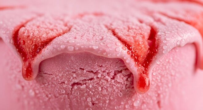 Close-up shot of a scoop of pink ice cream with strawberry sauce dripping down.