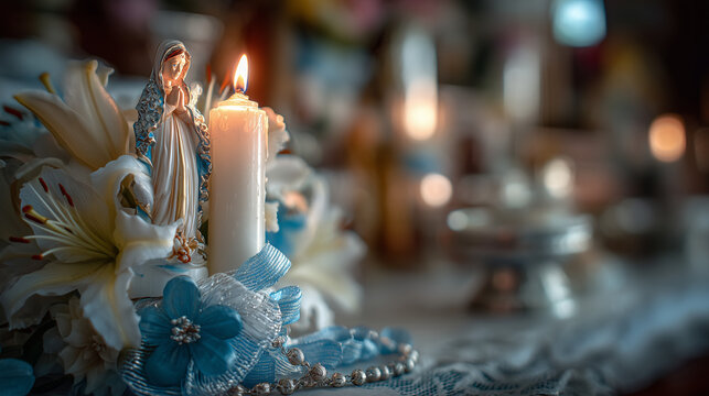 Día de la Inmaculada Concepción in Mexico A Spiritual Candlelit Celebration with the Virgin Mary, Featuring Lilies and Prayer Beads in a Festive Atmosphere - Powered by Adobe