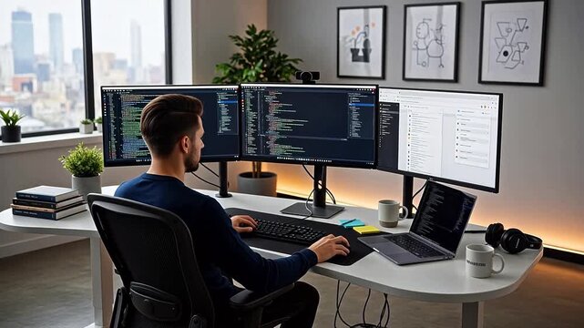 Software Developer Coding on Multiple Computer Screens in Modern Office Setting