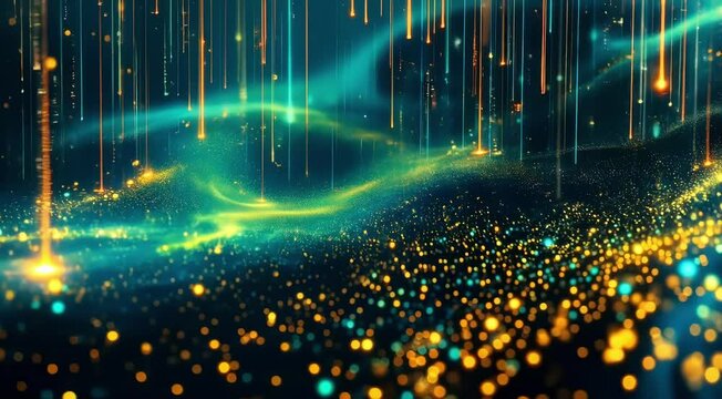 An abstract representation of digital data flowing like liquid, each drop syncing with soft glitch beats  