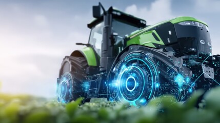 Futuristic farming technology smart tractor revolutionizes agriculture field setting digital innovation close-up view