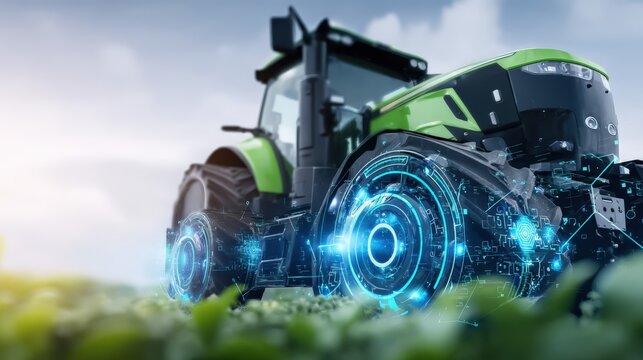 Futuristic farming technology smart tractor revolutionizes agriculture field setting digital innovation close-up view