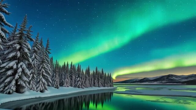 Night scene of a frozen tundra under a sky filled with colorful northern lights, shimmering aurora reflections on ice, stars twinkling above, peaceful and magical, astrophotography-style video.