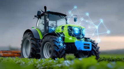 Obraz premium Farming innovation smart tractor technology demonstration agricultural field 3d visualization sustainable practices high-tech environment
