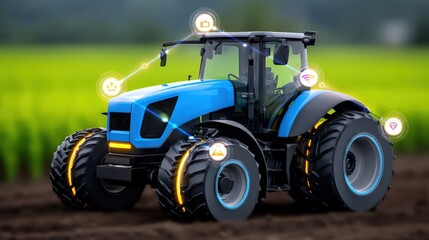Farming revolution smart tractor in action agricultural field digital technology display rural environment dynamic viewpoint