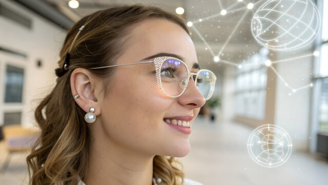 Thoughtful young woman viewing holographic global connections in modern office with innovative expression